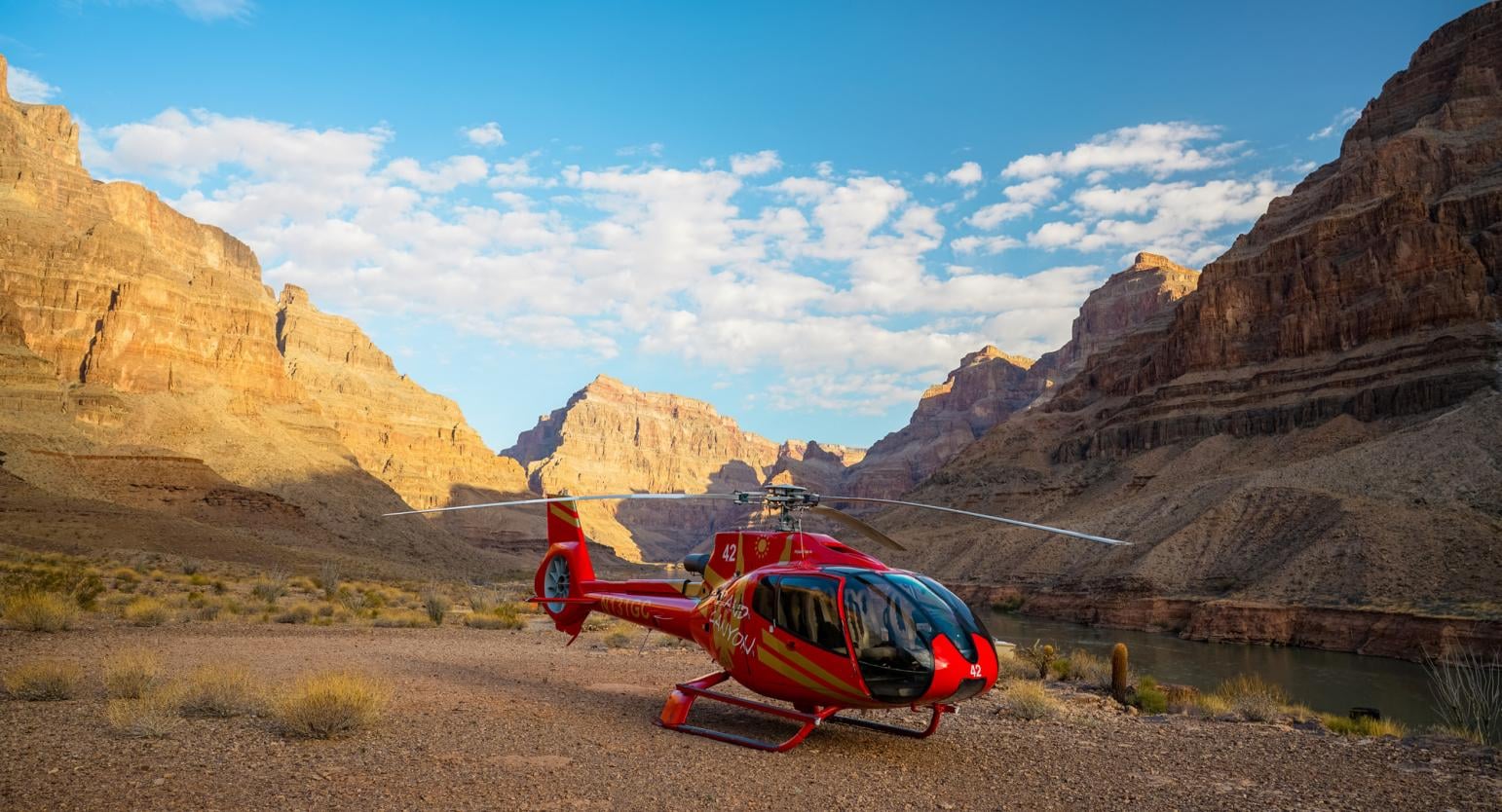 Grand Canyon Floor Landing card Red GC Flight helicopter parked on the Grand Canyon floor