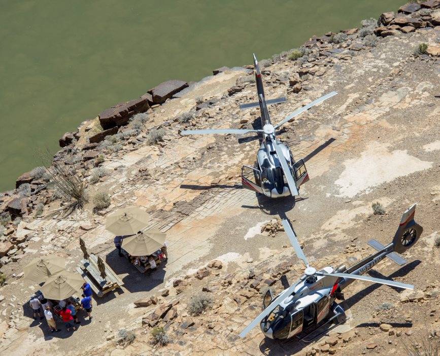 Floor Landing plus Strip Flyover card Helicopter landed on the canyon floor near the Colorado River