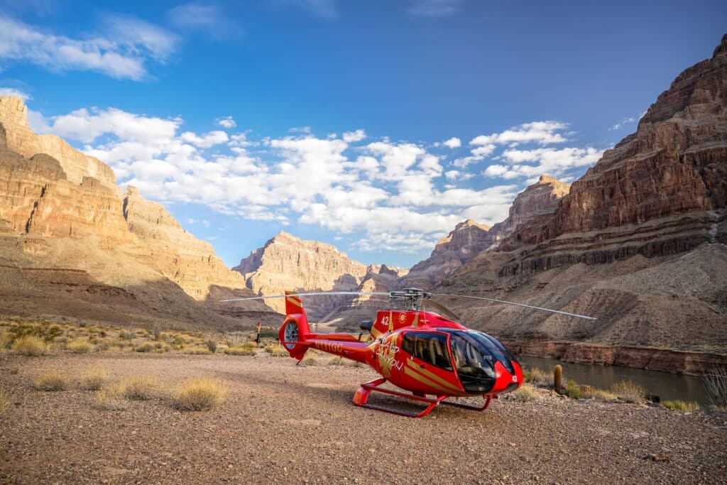 Grand Canyon helicopter parked on the canyon floor 4,000 feet below the rim