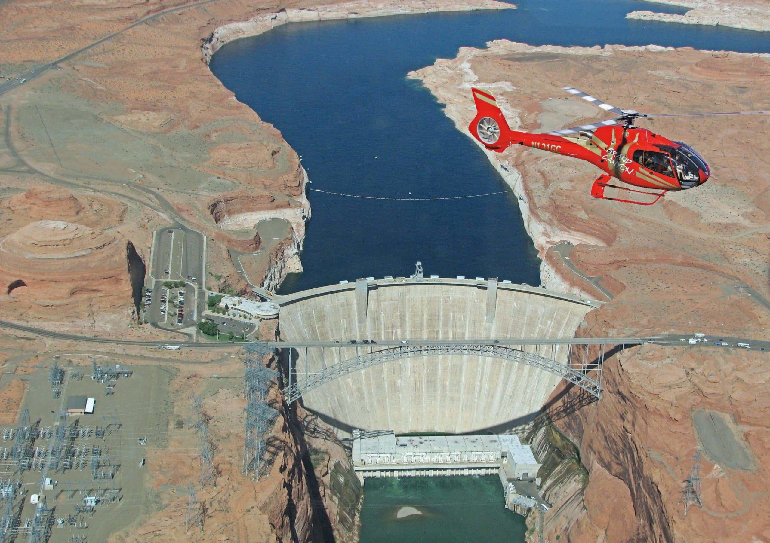 Hoover Dam and Lake Mead card Helicopter flying over Hoover Dam and the blue water of Lake Mead